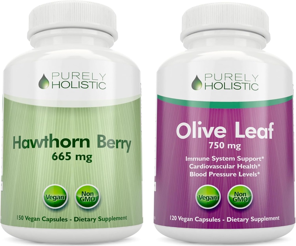 Puramente Holistic Hawthorn Berry 665mg + Extrato de Folha de Olive 750mg Bundle + 270 Cápsulas Vegan - Made in the USA