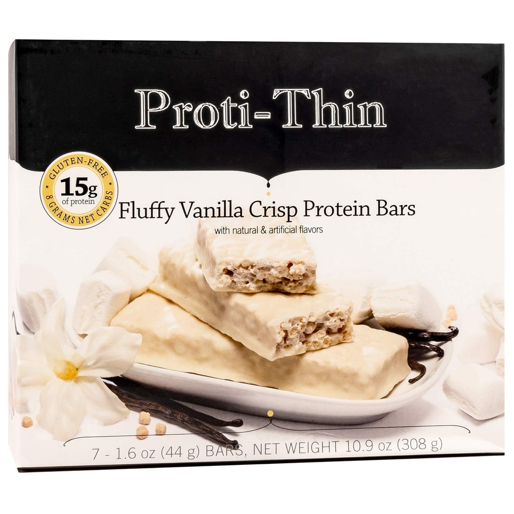 Proti-Thin Fluffy Vanilla Crisp Protein Bars, 15g Protein, Low Calorie, Very Low Carb (VLC), Low Fat, High Fiber Snack Bar, KETO Diet Friendly, Ideal Protein Compatível, Sem ingredientes de glúten, 7 / Box