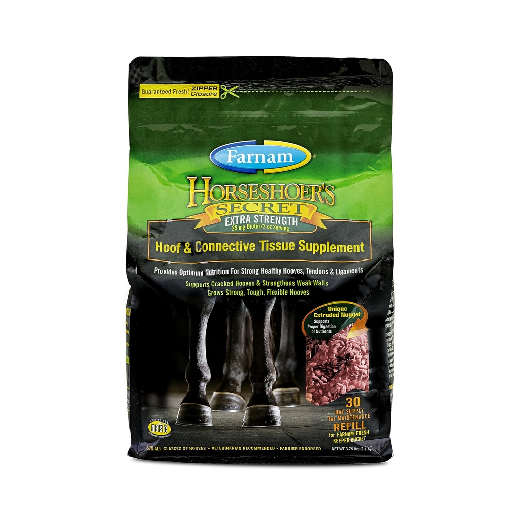 Farnam Horseshoer Secret EXTRA FORTE Suplementos de casco e suplemento de tecido conectivo, Promove cascos fortes, saudáveis, tendões e ligamentos, 3,75 lbs., fornecimento de 30 dias