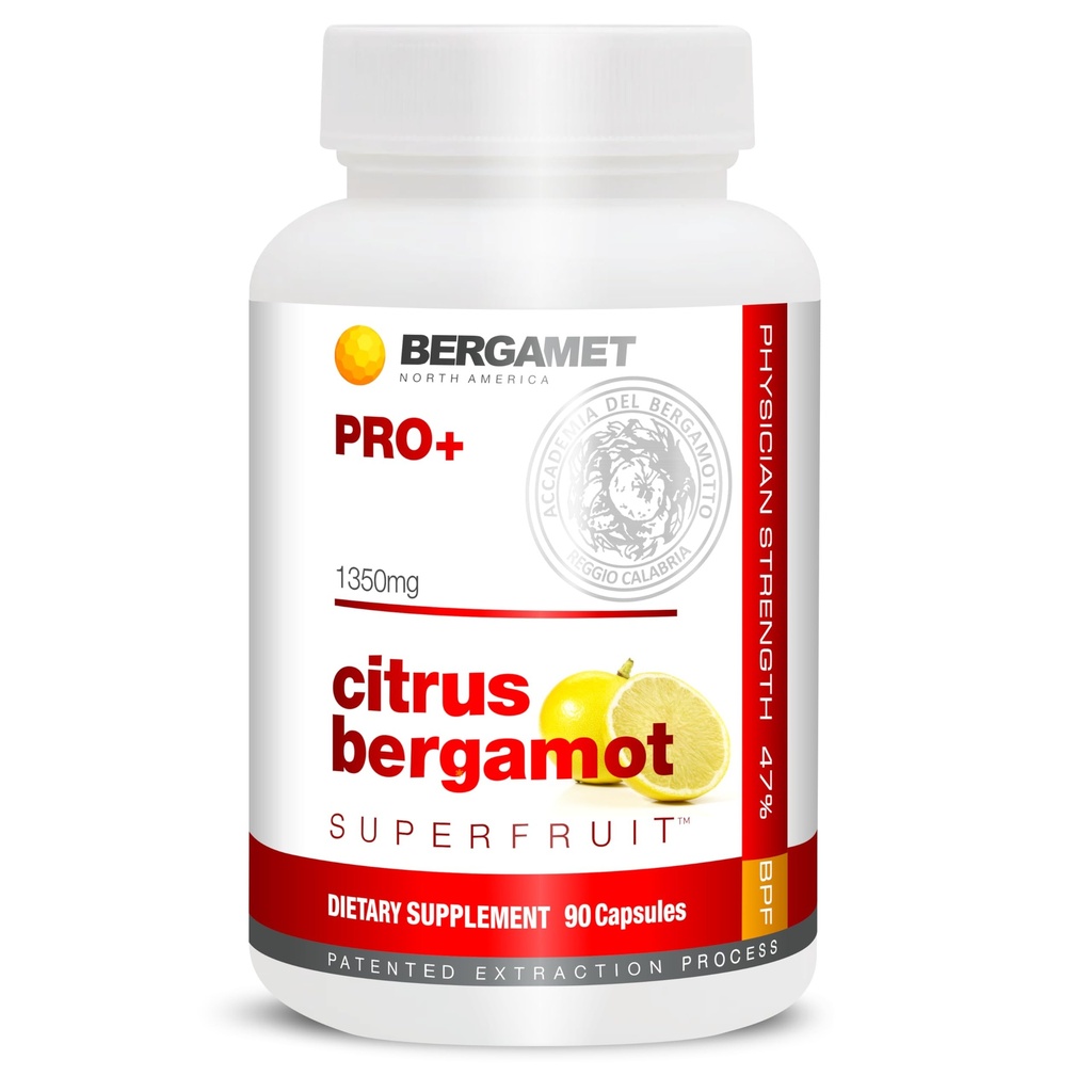 BergaMet Citrus Bergamot SuperFruit PRO+ Suplemento, 200:1 Extrato, 1350mg, 80% Polifenóis, Extrato de Folha de Oliva, 47% BPF, Mais Forte do Mundo, 90 Cápsulas, Apoiado por Estudos Clínicos, Made in The USA