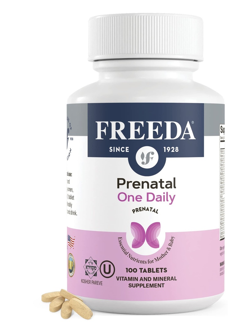 FREEDA Vitamina pré-natal - Kosher Pré-natal - Vitaminas pré-natais com ferro, ácido fólico pré-natal, colina, vitamina D - um suporte pré-natal diário multivitamínico para mulheres grávidas e lactantes (100)