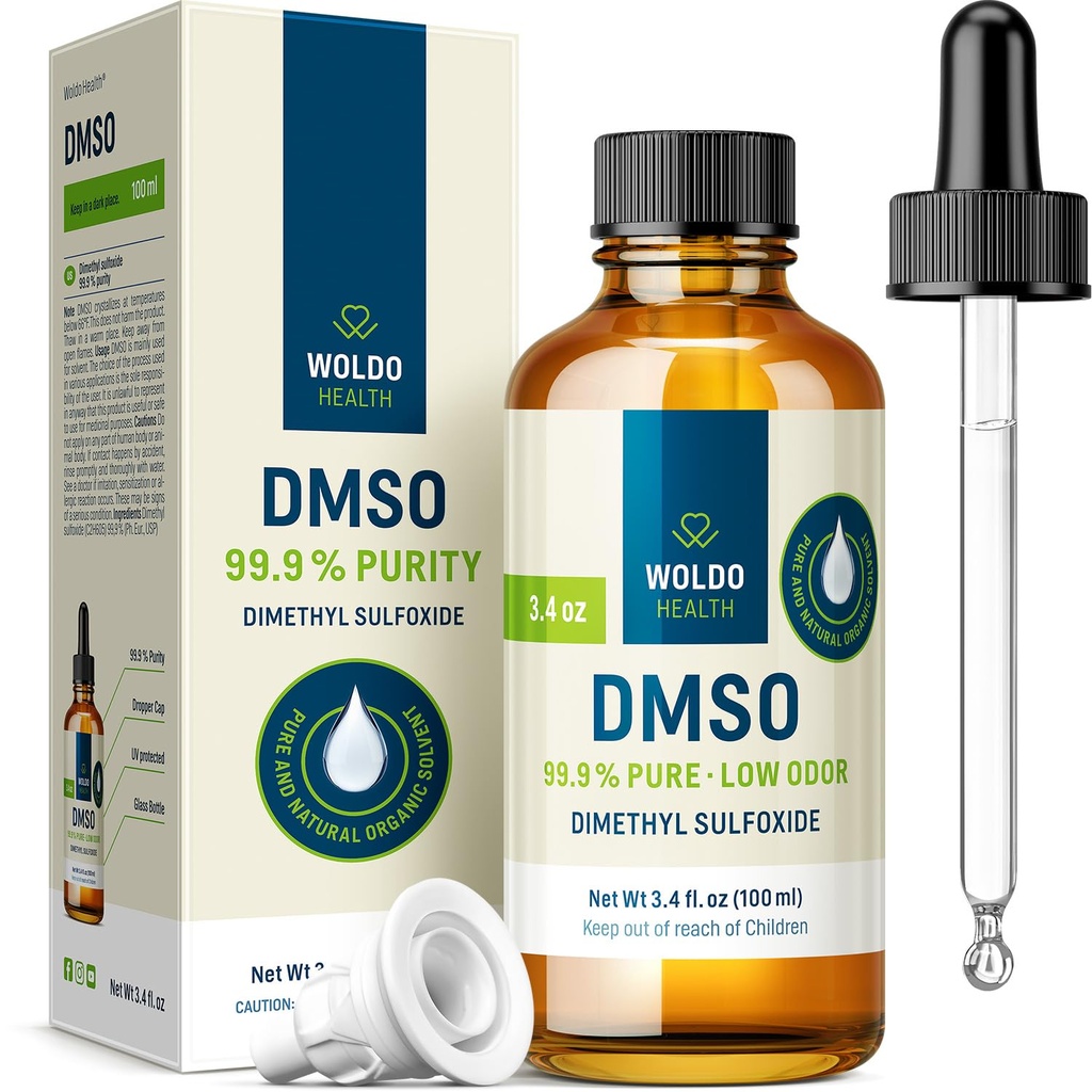 WoldoHealth DMSO 99,9% Grau Farmacêutico - FT-IR Dimetil Sulfóxido Verificado, Solvente de Odor Baixo em Frasco de Vidro com Dropper de Precisão (3,38 oz)