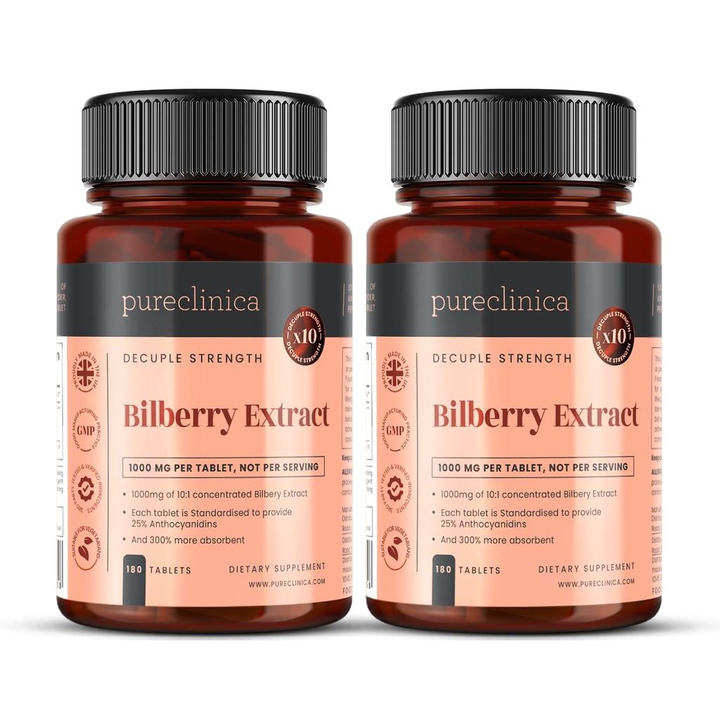 Pureclinica Bilberry Extract 10 000 mg x 360 Comprimidos (2 frascos) - 10 X Mais Antocianidins w/ 5 mg Extracto de Pimenta Negra