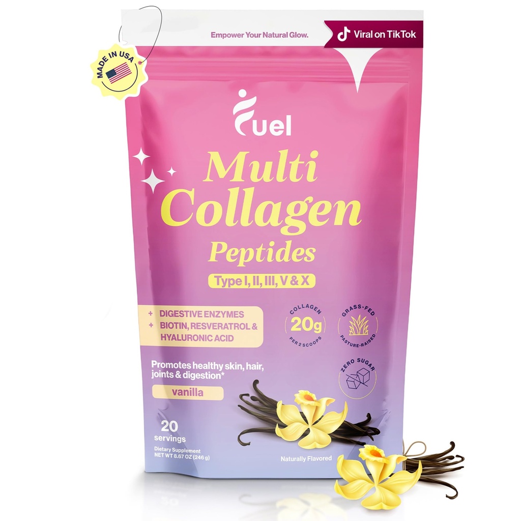 Pó de Peptídeos de Combustível Multi Colágeno – 20g Colágeno Hidrolisado I, II, III, V & X para Cabelo, Pele, Unhas e Apoio Conjunto – Melhor Absorção – Keto & Gluten Free, French Vanila 8.67oz