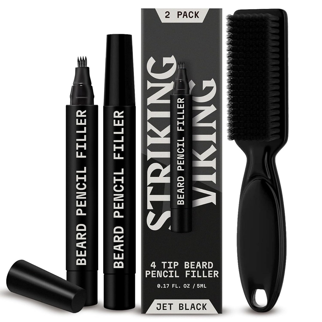 Preenchimento de lápis de barba Viking Striking para homens - Pack of 2, Jet Black - Waterproof Long-Lasting Beard Pen - 4-Ponta Pronged para reparo Gap & Lápis Barber - Escova de cerdas macia e Enchedor de caneta