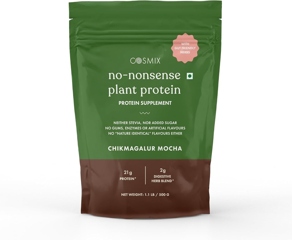 Cosmix Sem Bobagem Proteína Planta . Orgânico Arroz Brown & Ervilha Isolate . Digestão Fácil . 24G Proteína / Servir . Gluten & Lactose Livre . (Chikmagalur Mocha, 500g)