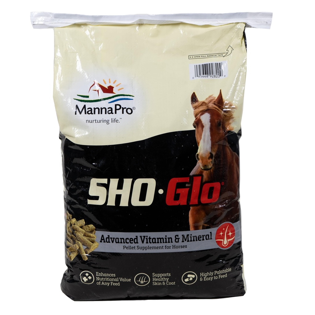 Sho-Glo Horse Vitamina & Suplemento Mineral – Manna Pro – Suplemento diário completo de Equino para pele saudável, casaco & Hooves – Fortificado com antioxidantes, aminoácidos e nutrientes essenciais – 25 lb Bag