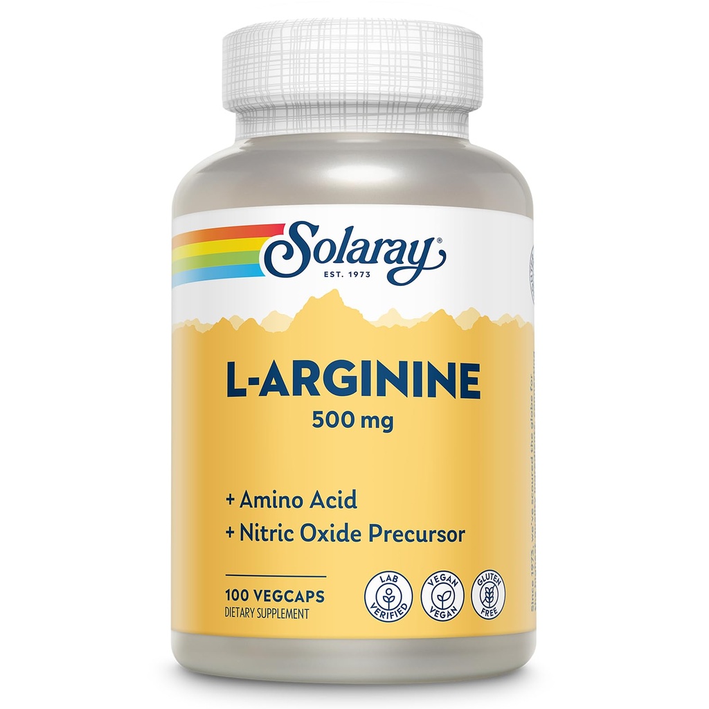 SOLARAY L-Arginina 500 mg, Suplemento de óxido nítrico, Endurance, Energia, Apoio à Saúde do Coração, 100 Servings, 100 VegCaps