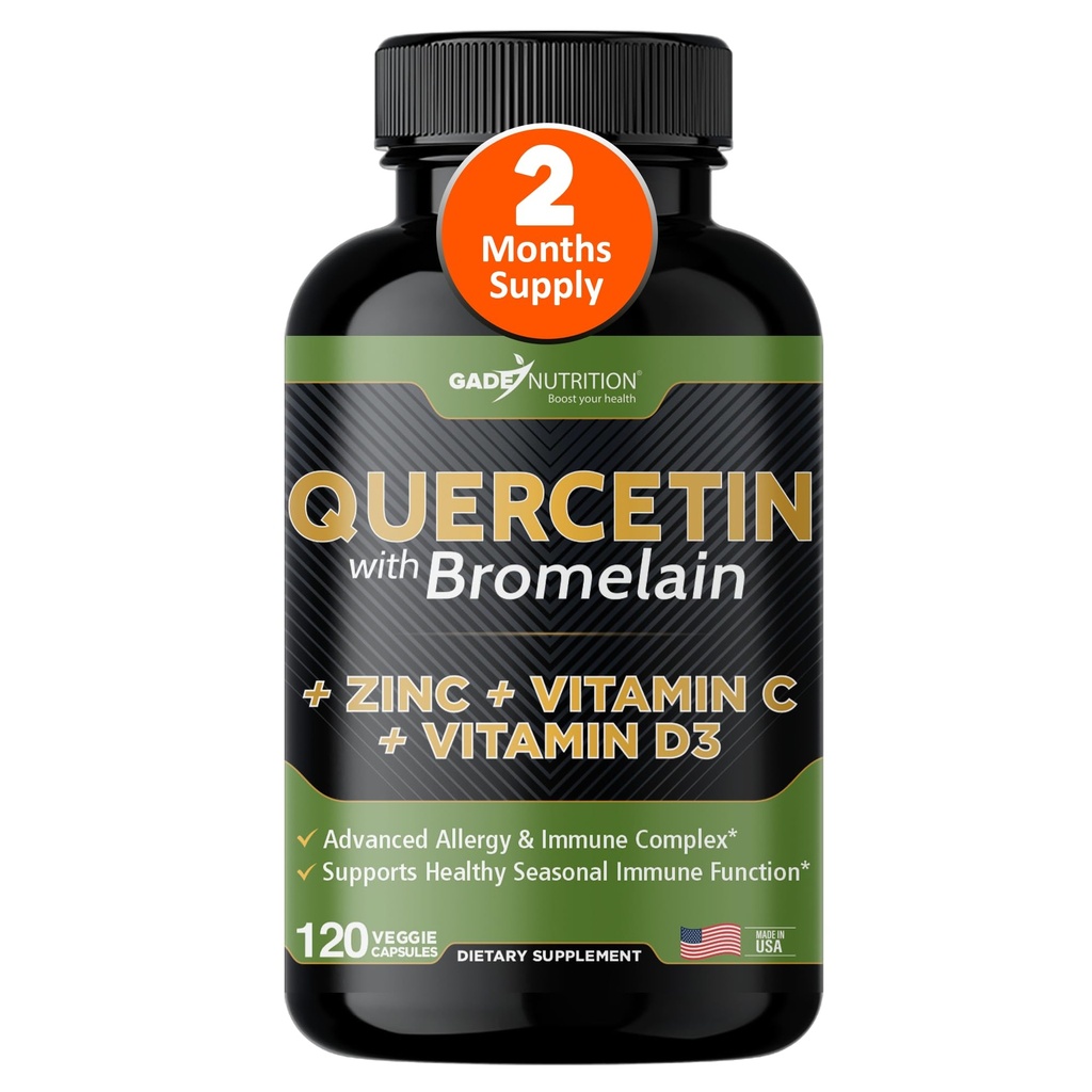 Gade Nutrition Quercetin com Bromelain Vitamina C e Zinco Vitamina D3 □ Suplemento de suporte imunológico em cápsulas □ Não-GMO, Gluten-Free, Vegan □ Made in the USA □ 2 Month Supply