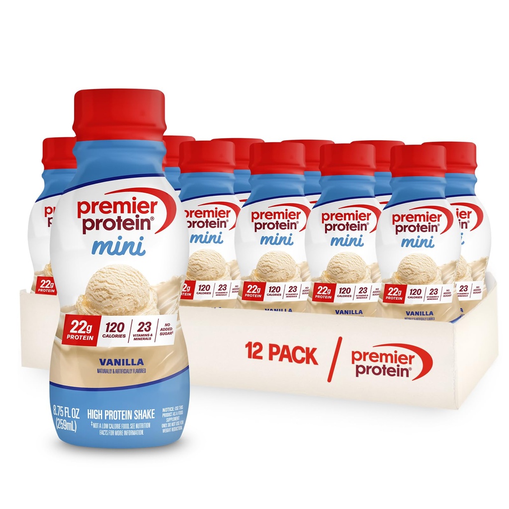Premier Protein Shake MINIS, Baunilha, 22g Proteína, 120 calorias, 1g Açúcar, 8.75fl oz, Embalagem de 12