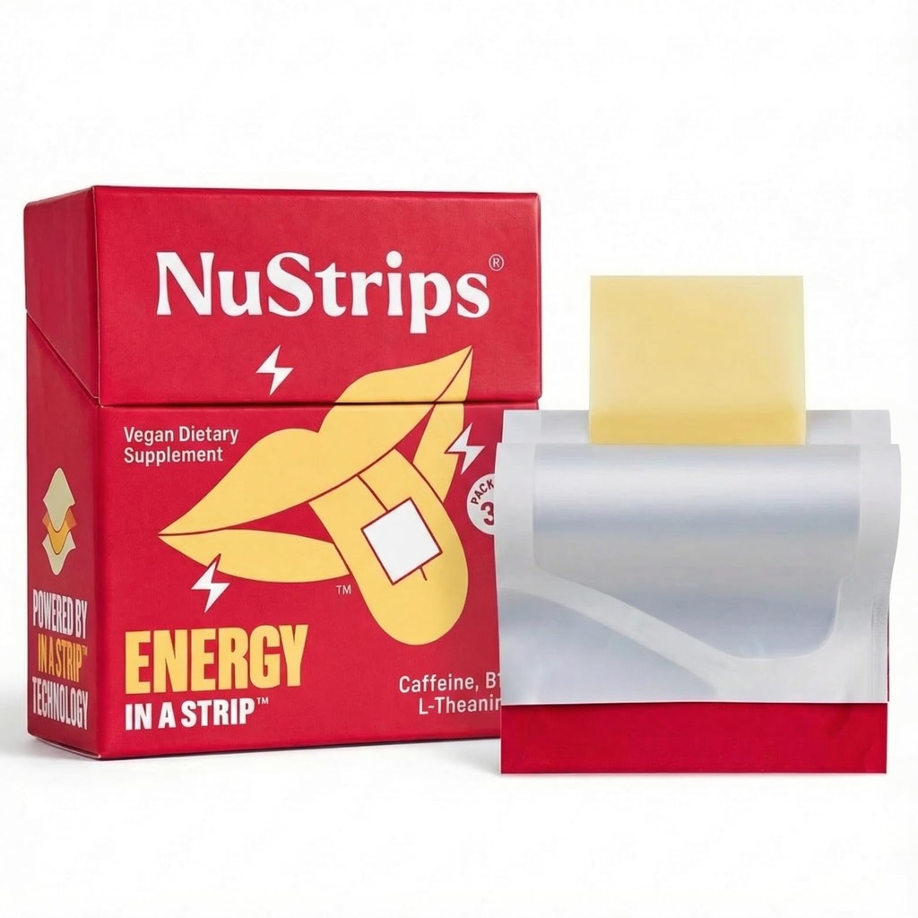 NuStripsTM Faixas de energia de dissolução rápida com 50mg de cafeína, L-Theanina & Vitamina B12 – Energia instantânea e foco sem Jitters ou crash – Funciona mais rápido do que o café – calmante canela (30 Pack)