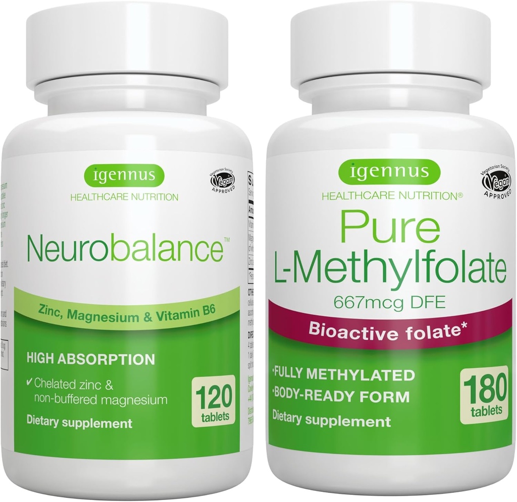 Neurobalanço Zinco, Magnésio e Vitamina B6 + Folato puro 400mcg Pacote Vegan, Picolinato de zinco quelado 24mg, Magnésio livre de óxido e vitamina B6 + L-Metilfolato otimizado, por Igennus
