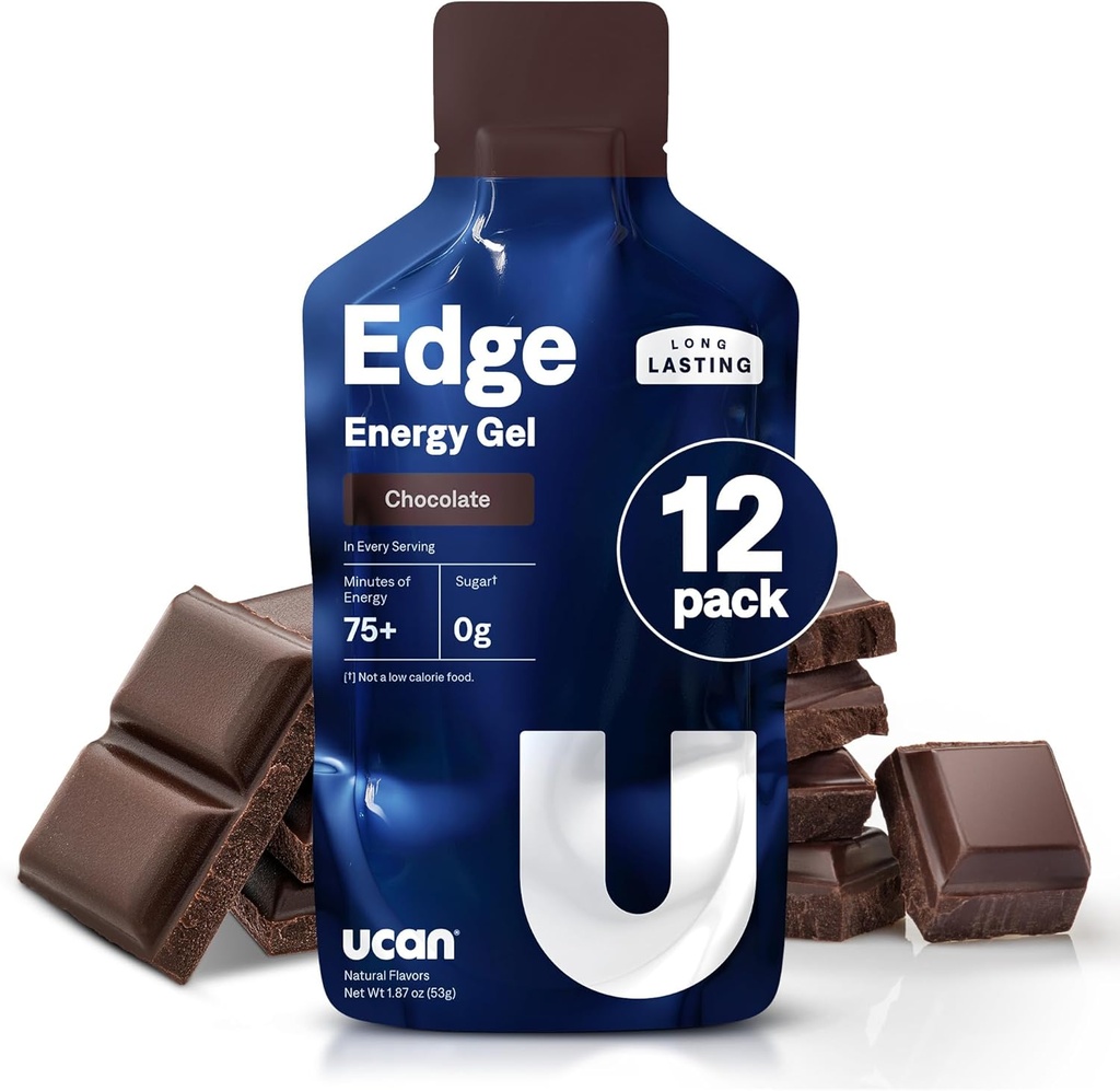 UCAN Edge Energy Gel Shots, Chocolate (12, 2 pacotes de onça) para correr, Treino, Exercícios, Fitness, Ciclismo, Crossfit, Sugar-Free, Vegan, & Keto Friendly Energy