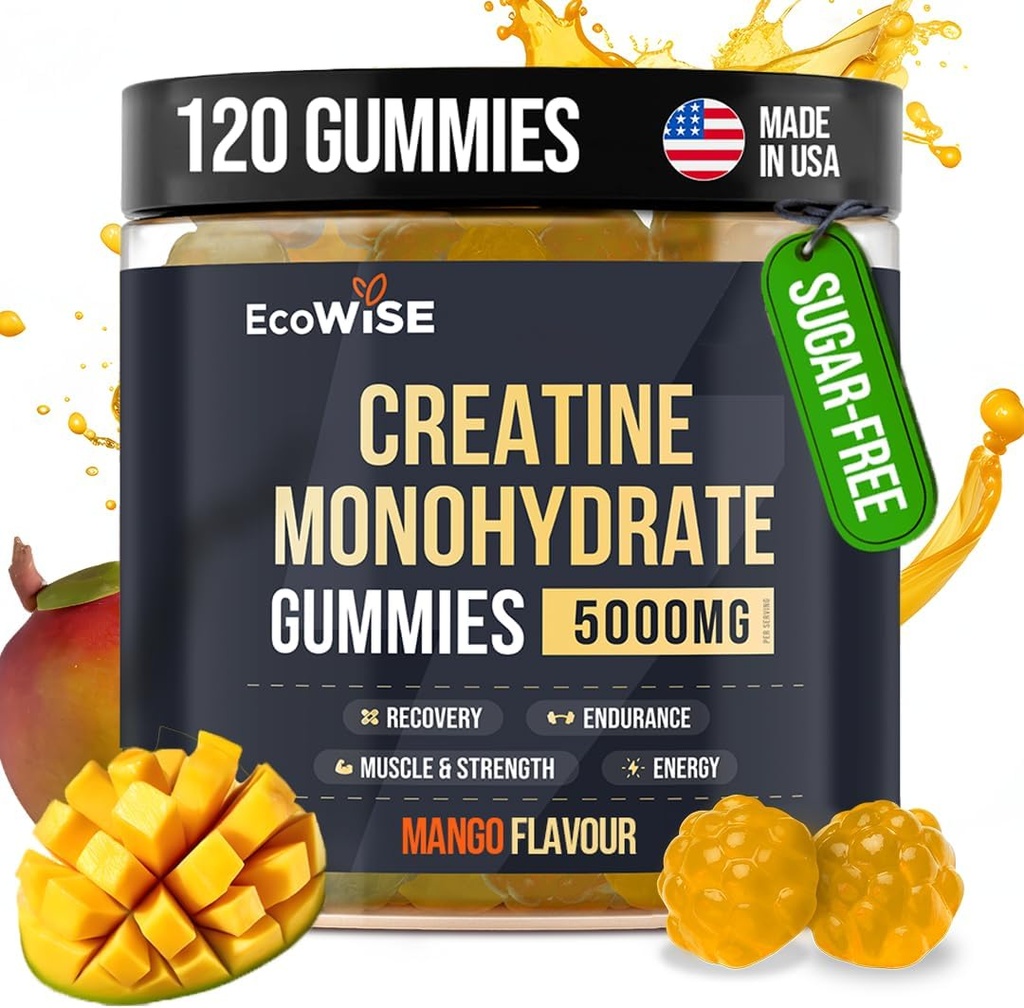 EcoWise Wellness Creatine Gummies mono-hidratado 5000 mg, Mango Flavor, 120 mastigações Vegan sem açúcar, Creatina Suplemento para Rotina diária
