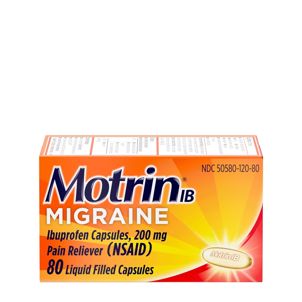 Motrin IB Migraine Relief Liquid Gel Cápsulas com 200 mg de Ibuprofeno por cápsula, Migraine Fast & Effective Cefaleia Medicina com NSAID Dor Reliever Ibuprofeno, Cafeína-livre, 80 ct