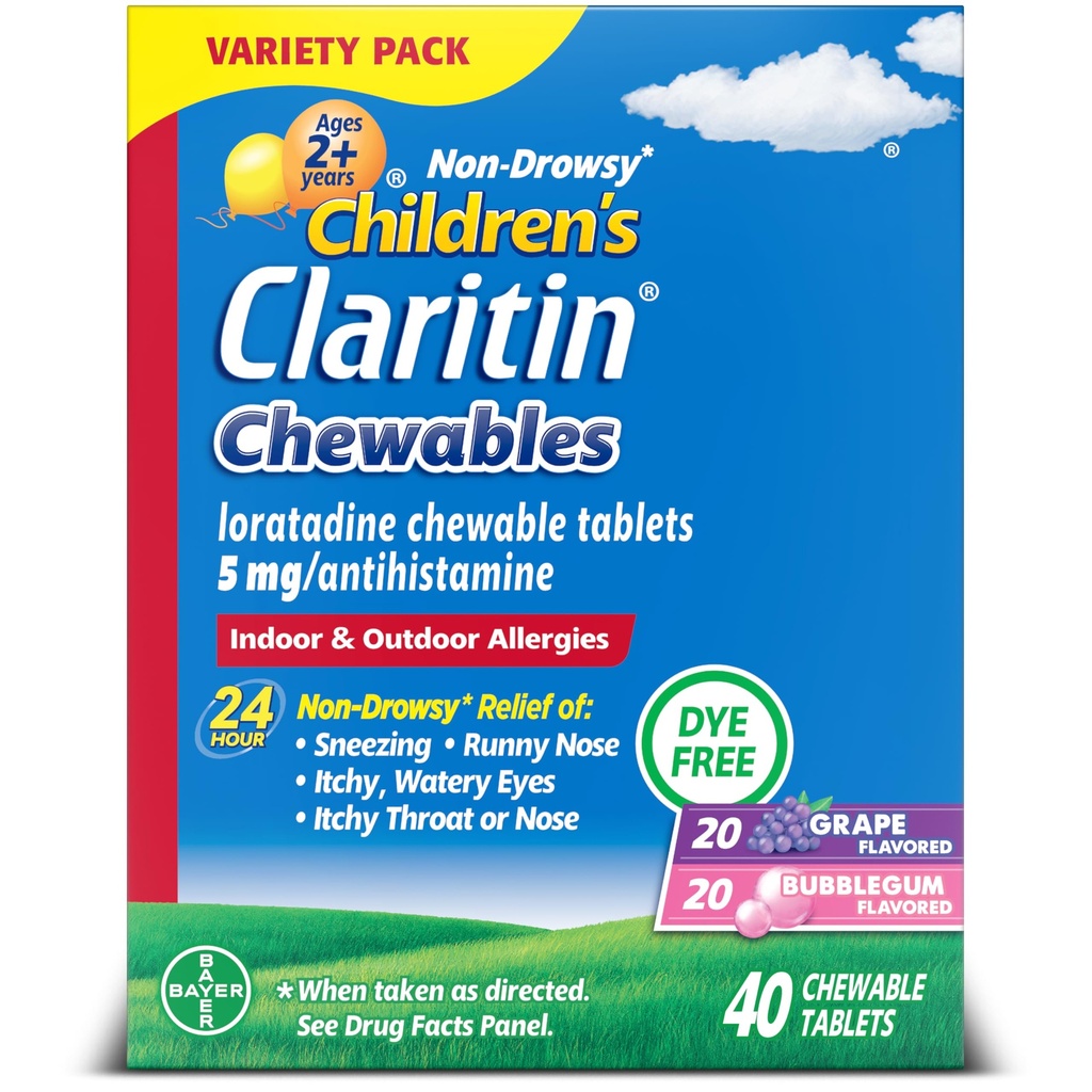 Claritin Medicina da alergia infantil, 24 horas Loratadina não-drowsy 5mg Tablet mastigável, Anti-histamínico para crianças Idades 2 anos e mais, Uva & Bubble Gum Flavors, 40 comprimidos