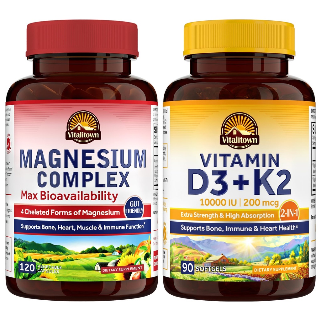 Vitalitown Complexo de Magnésio e Vitamina D3 Pacote K2 (Pacote de 2) . para Imune Coração de Osso & Músculo . Glicinato de Magnésio, 10000UI D3, MK-7 .