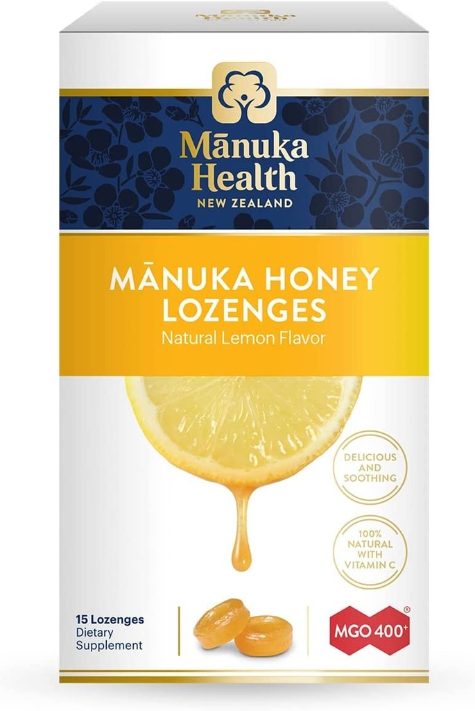 Manuka Health Manuka Honey Lozenges – 15 Lozenges sabor limão – Lozenges Natural Garganta Infundida com mel cru Manuka e Vitamina C para suporte imunológico