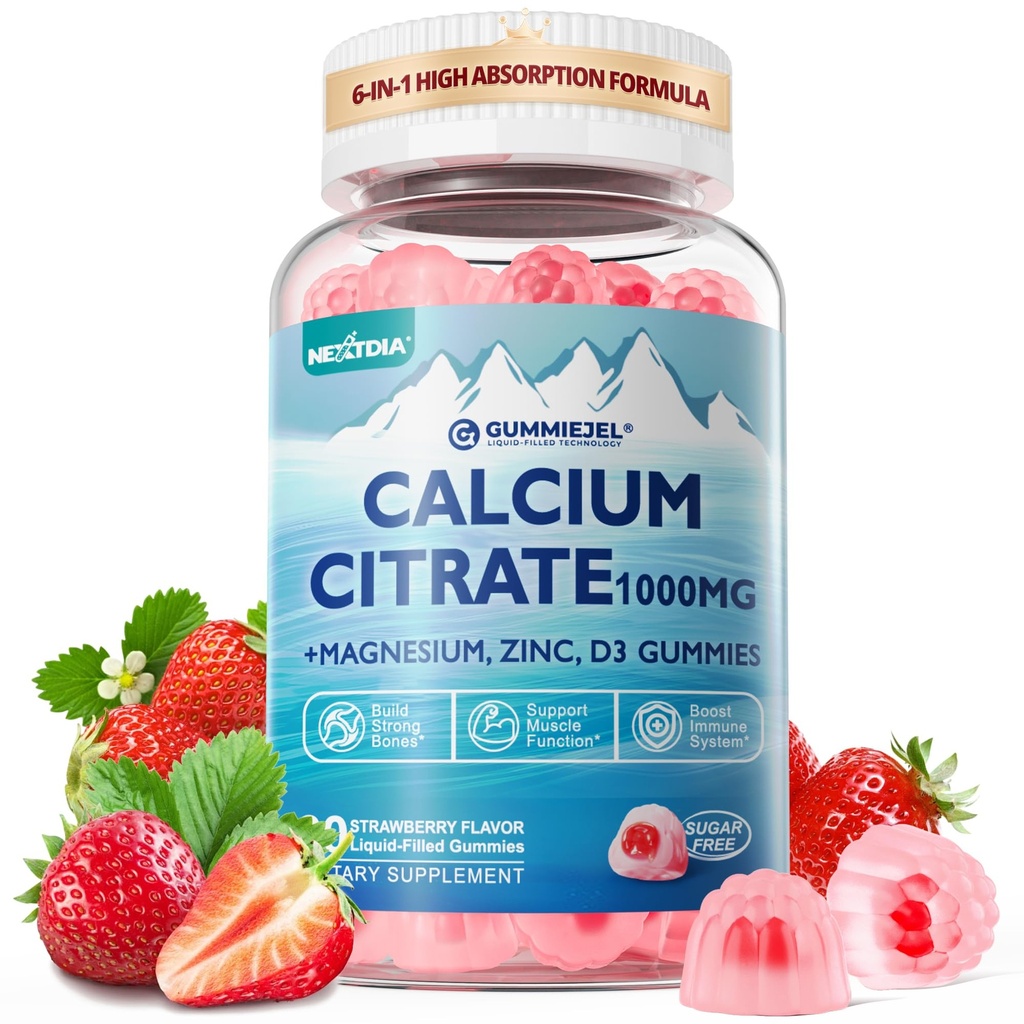 Suplemento de Citrato de cálcio 1000mg para mulheres e homens, 6-em-1 Gummies de zinco de magnésio de cálcio + Vitamina D3, B6 & Potássio alta absorção para os ossos, Dentes, Músculo & Nerve Saúde, Vegan, Açúcar grátis,60Cts
