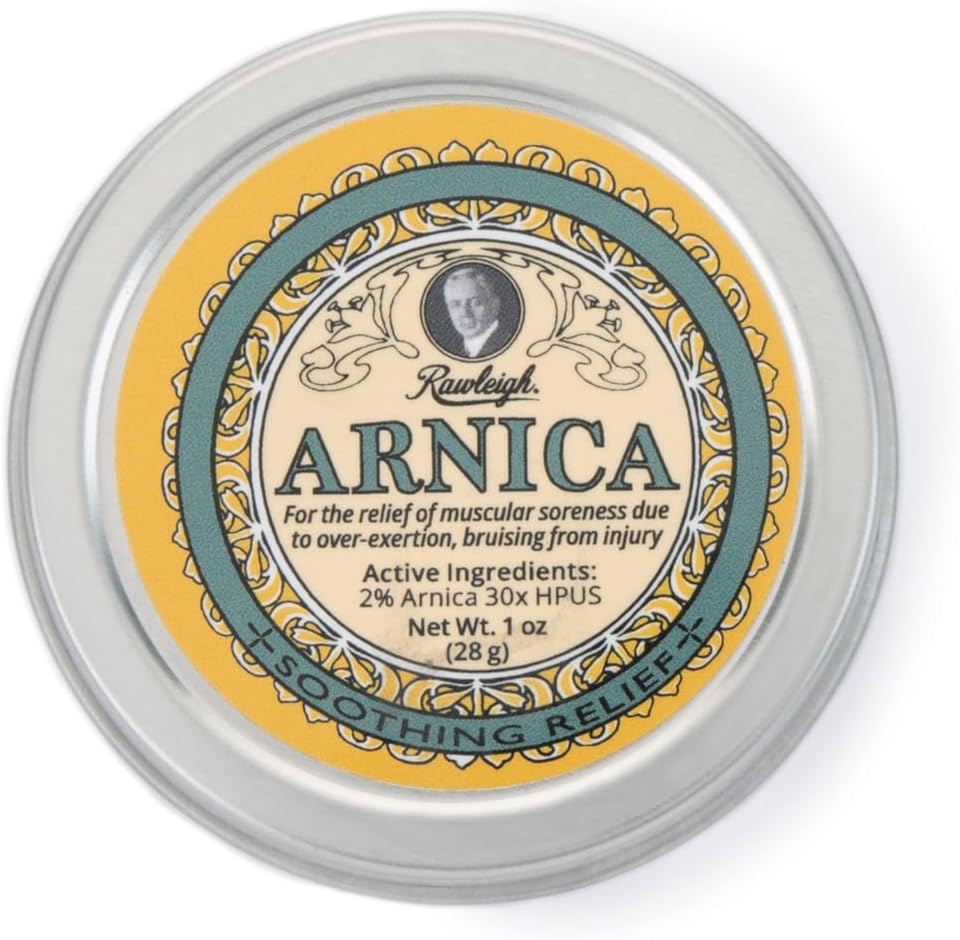 Balm calmante Rawleigh Arnica: 1 oz, 2 % Arnica 30X HPUS, Fórmula Natural para Dores Músculos, Contusões excessivas, Absorvente Rapidamente, Não gorduroso, Estanho Friendly Viagens - Pack of 1