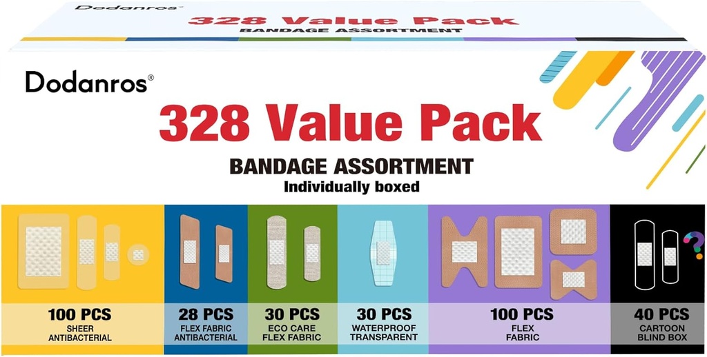 Variety Bandages Pack, 328ct variedade em massa Vários tamanhos, formas e características .Sheer & Flex Tecido com Benzalkônio, tecido ECO Bamboo, impermeável, Cartoon Blind Box Fragrance Bandages