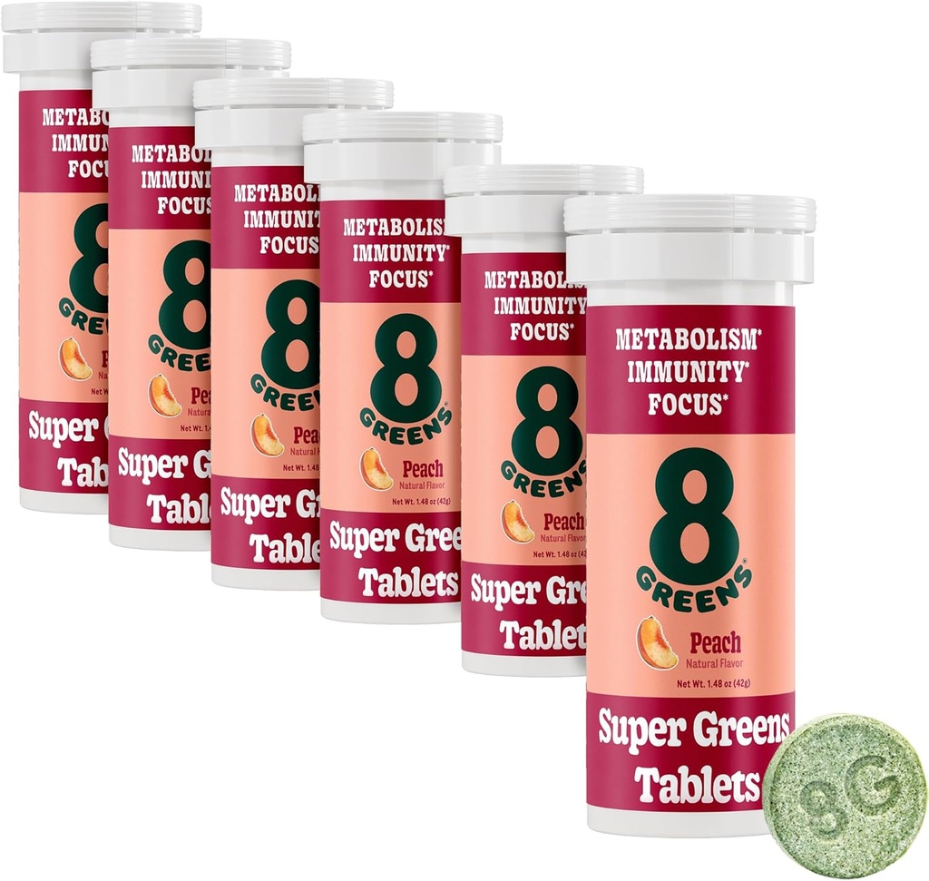 8Verdes Superverdes Tablets Super Greens Powder Superfood, Metabolismo Imunidade e Foco, Verdes diários Comprimidos efervescentes, Orgânico: Aloe Vera, espirulina, chlorela, pêssego, tubo 60 Servings.