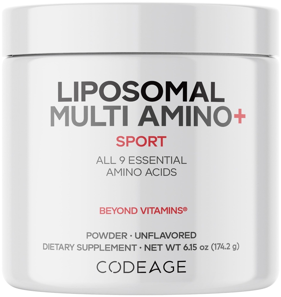 Codeage Suplemento em Pó de Amino Liposomal Multi - BCAA & EAA Suplemento Todos os 9 Aminoácidos Essenciais, Ácido Amino Ranched-Chain, Pré e Pós-treino, Sem sabor, Entrega Liposomal, Não-GMO, 6.15 oz
