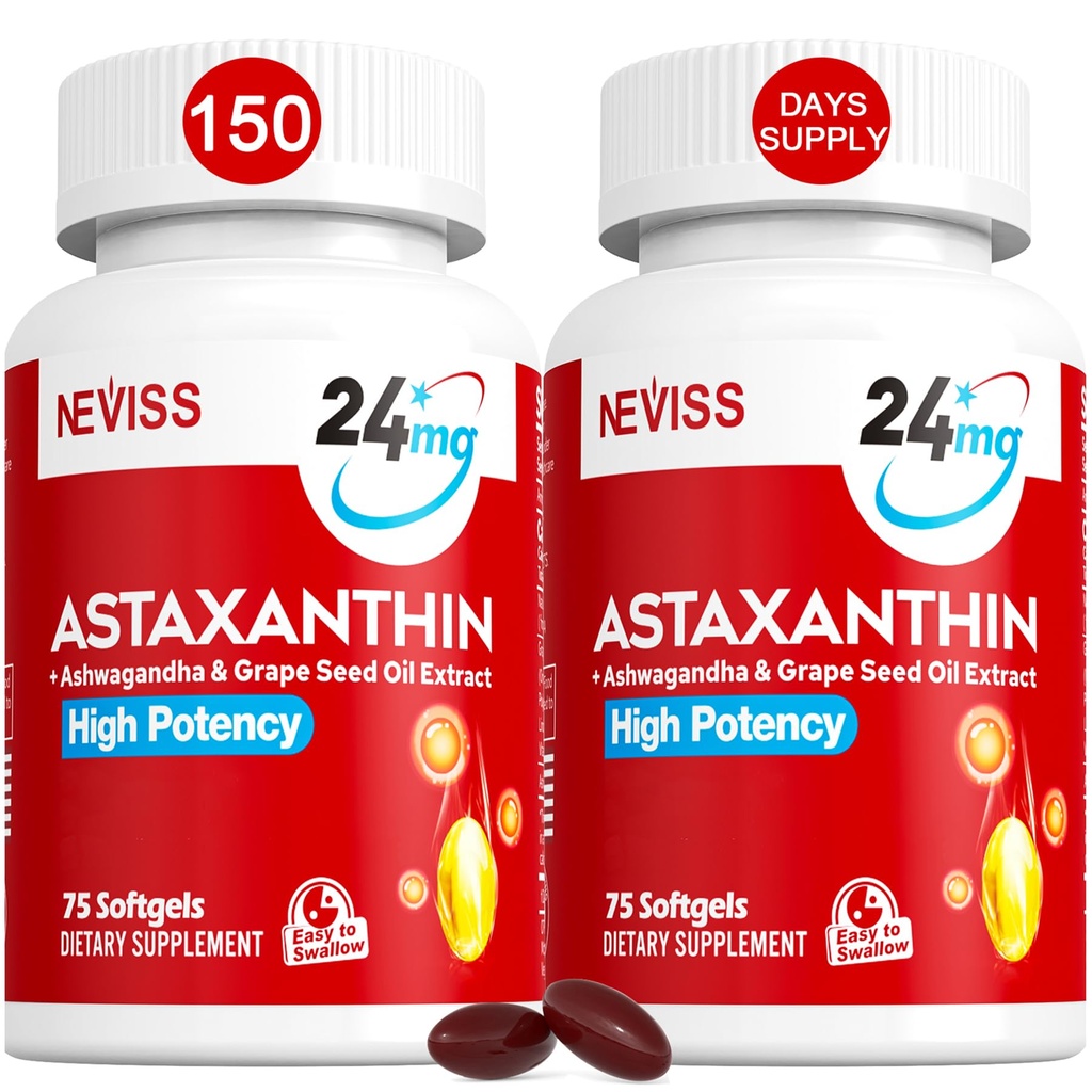 Suplementos de astaxantina 24mg, 5 meses de fornecimento - Coco MCT Óleo, fonte fresca de microalgas w / óleo de semente de uva, Ashwagandha - antioxidantes para pele saudável, olhos, envelhecimento - Não-GMO e glúten livre, 150 Softgels