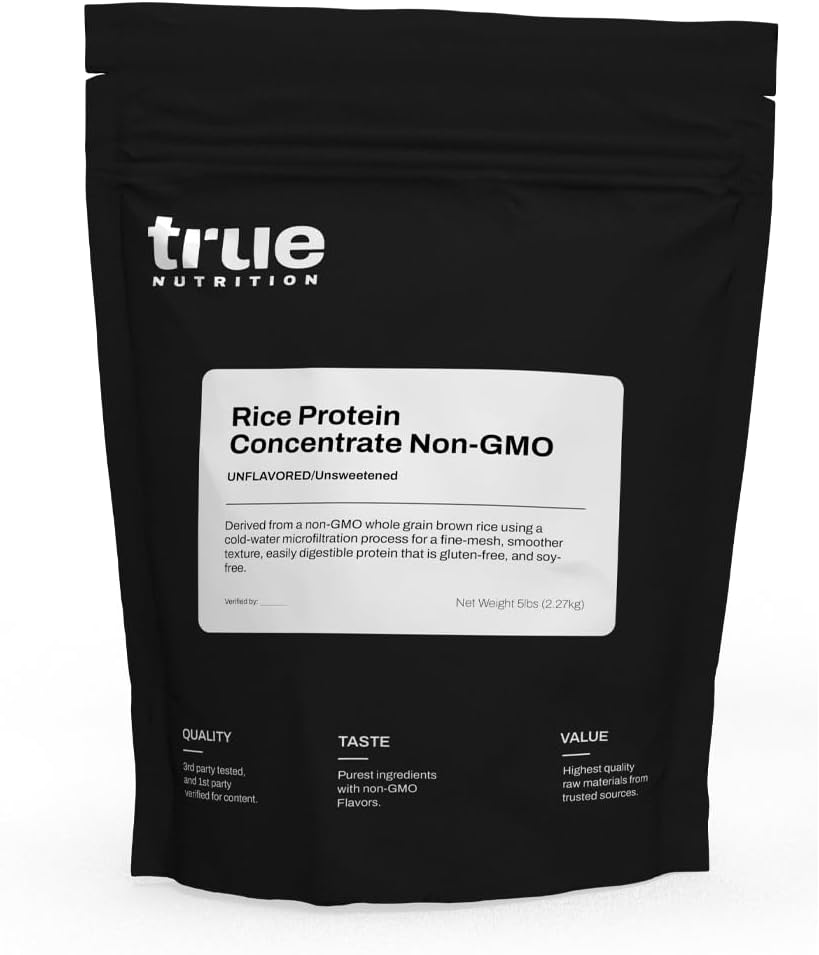 True Nutrition - Concentrado de proteína de arroz - Microfiltração de água fria, sem glúten, sem soja, livre de leite, sem OGM de proteína em pó - sem sabor - 5LB