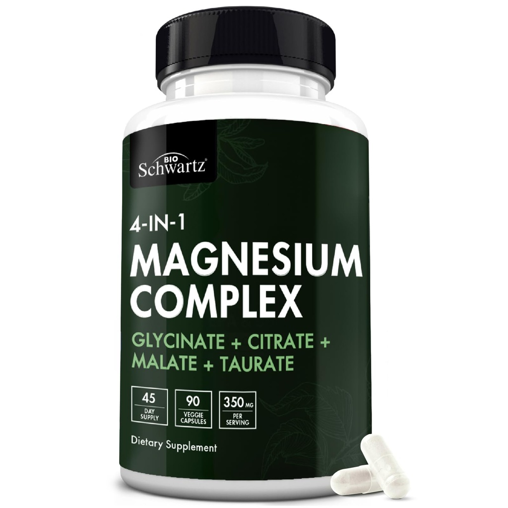 BioSchwartz Magnesium Complex Supplement (90 Cápsulas) 350mg Magnesium Glycinate Citrato Malate e Taurate Por Servindo para Nervos Saudáveis Apoio ao Sono do Coração (Vegan, Gluten-Free, Non-GMO)