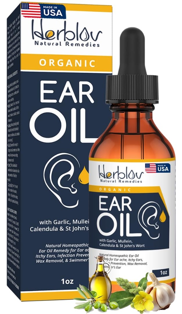 Óleo Orgânico de Orelha para Infecções de Orelha - Eardrops Natural para Prevenção de Infecção, Remoção de Orelha e Cera de Nadador - Crianças, Adultos, Bebê, Dog Earache Remedy - com Mullein, Alho, Calendula, Made in USA