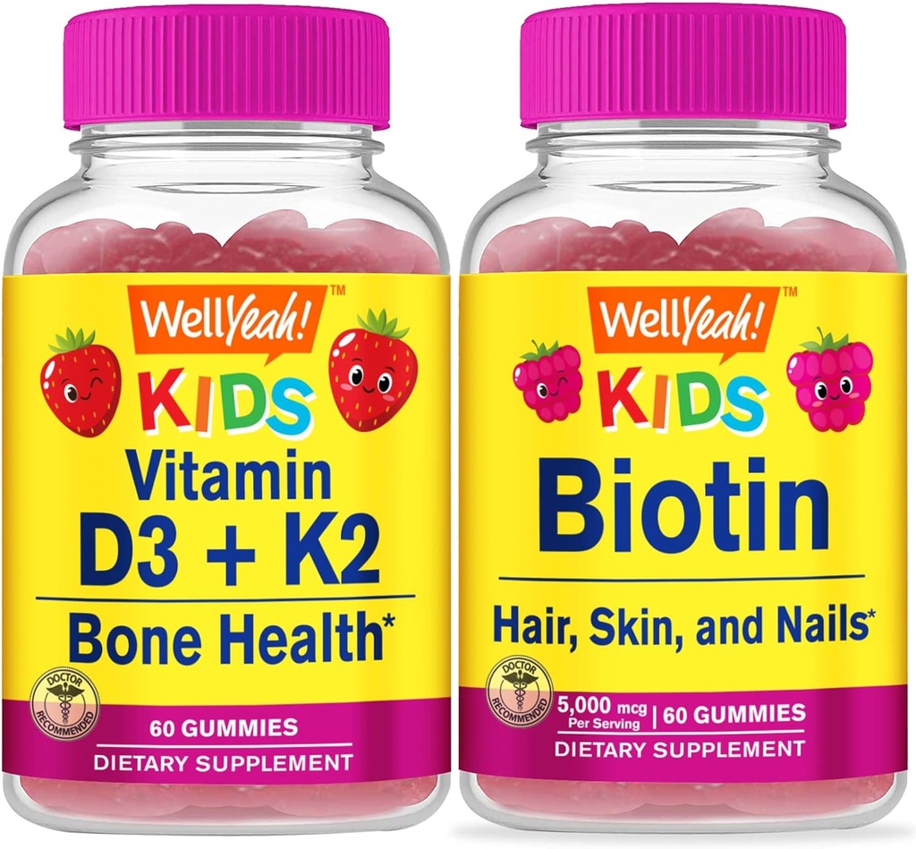 BemSim Vitamina D3+K2 Crianças + Biotina Crianças, chicletes Bundle - Grande degustação, Suplemento de Vitamina, Sem glúten, GMO livre, chiclete mastigável