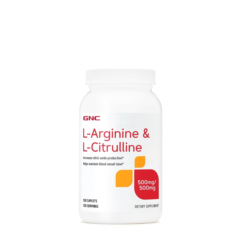 GNC L Arginina + L Citrulina 500mg Cada Suplemento, Suporta Produção de Óxido Nítrico e Tone de Vaso Sangrento Saudável, 120 Servings