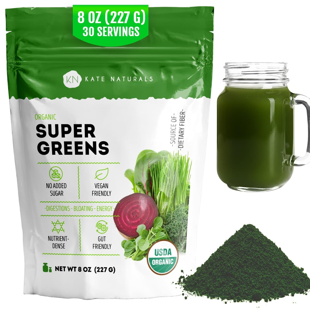 Kate Naturals Orgânico Super Verdes Pó. Mistura de Superalimentos Verdes Diários com Probióticos & Fibra para Smoothies e Suco (30 Servings, 8 onças, Natural)