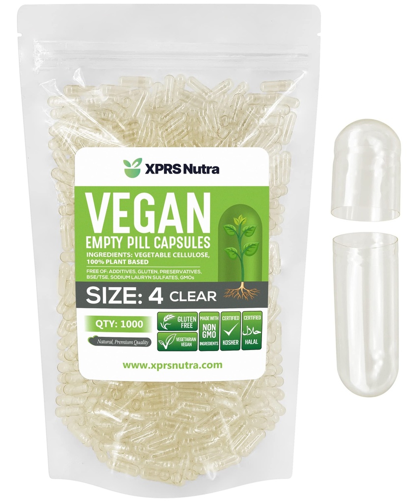 XPRS Nutra Tamanho 4 Cápsulas Vazias - 1000 Contagem Pequena Limpar Cápsulas Veganas Vazias- Pílulas Vegetarianas - Preenchimento de cápsula vegetal DIY - Capas de legumes para suplementos