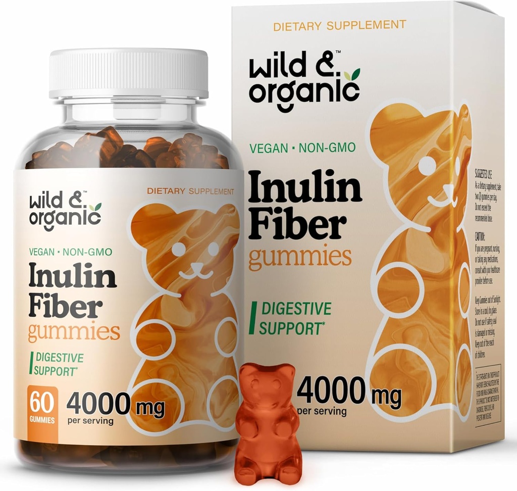 Gummies de fibra de inulina selvagem e orgânica 4000mg - Suporte digestivo w / raiz de chicória - Suplemento de fibra solúvel w / pó de inulina - Prebióticos para suporte de gut - 60 chicletes prebióticos