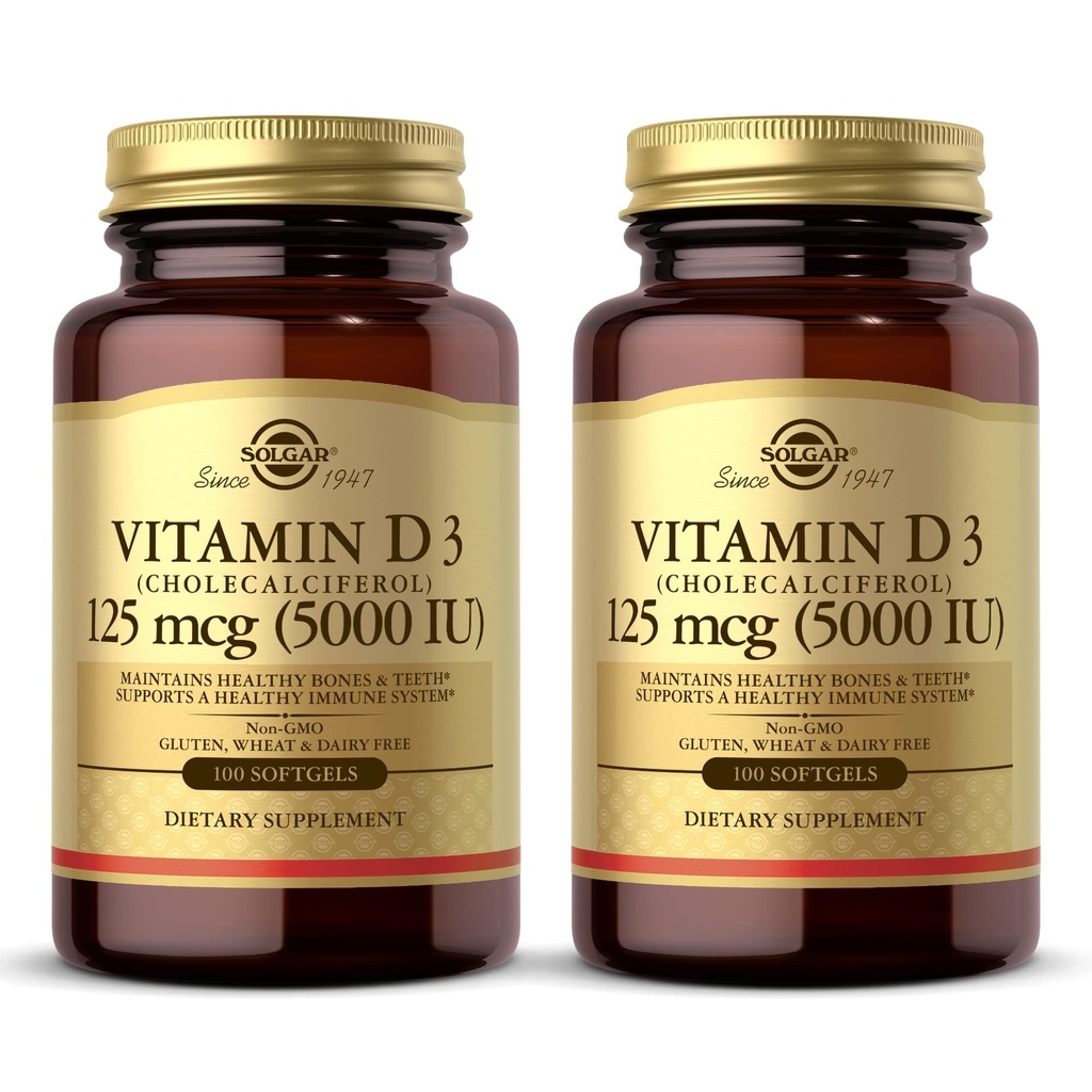 Solgar Vitamina D3 (Cholecalciferol) 10 mcg (400 UI) - 100 Softgels, Pacote de 2 - Ajuda a manter os ossos e dentes saudáveis - Suporte do sistema imunológico - Não-GMO, sem glúten, livre de leite - 200 Total de Servings