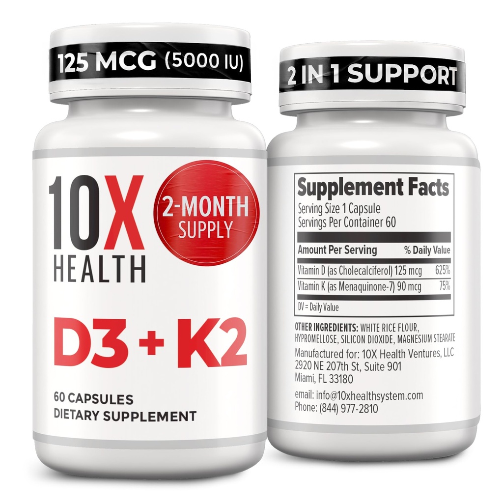 10X Saúde Vitamina D3 5000 UI & K2 MK7 - Menaquinona 7, alta potência D3 K2 Suplemento Vitamina para a saúde óssea, coração e dentes - 125 mcg Vitamina D & 90 mcg Vitamina K2-60 Cápsulas