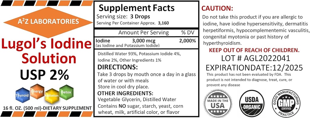 1x16 OZ Iodo orgânico Lugol e Iodeto de potássio solução de 2% 3000 mcg -Líquido Suplemento Drops para suporte à tireóide para mulheres e homens, saúde do metabolismo, Detox Boost -16 Fl Oz / Ships Hoje!