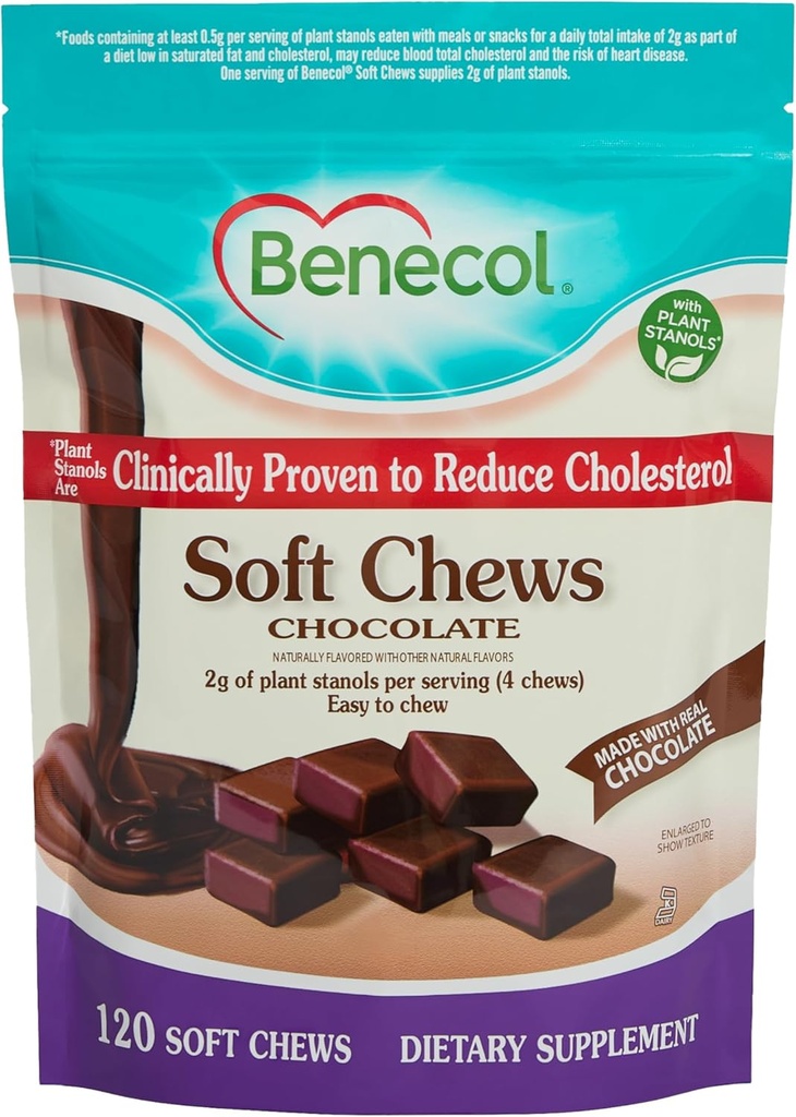 Benecol® Mastigação Macia - Feita com Estanóis de Planta de Colesterol-Baixo clinicamente comprovada - Suplemento de Gestão de Colesterol (120 Mastigações de Chocolate)