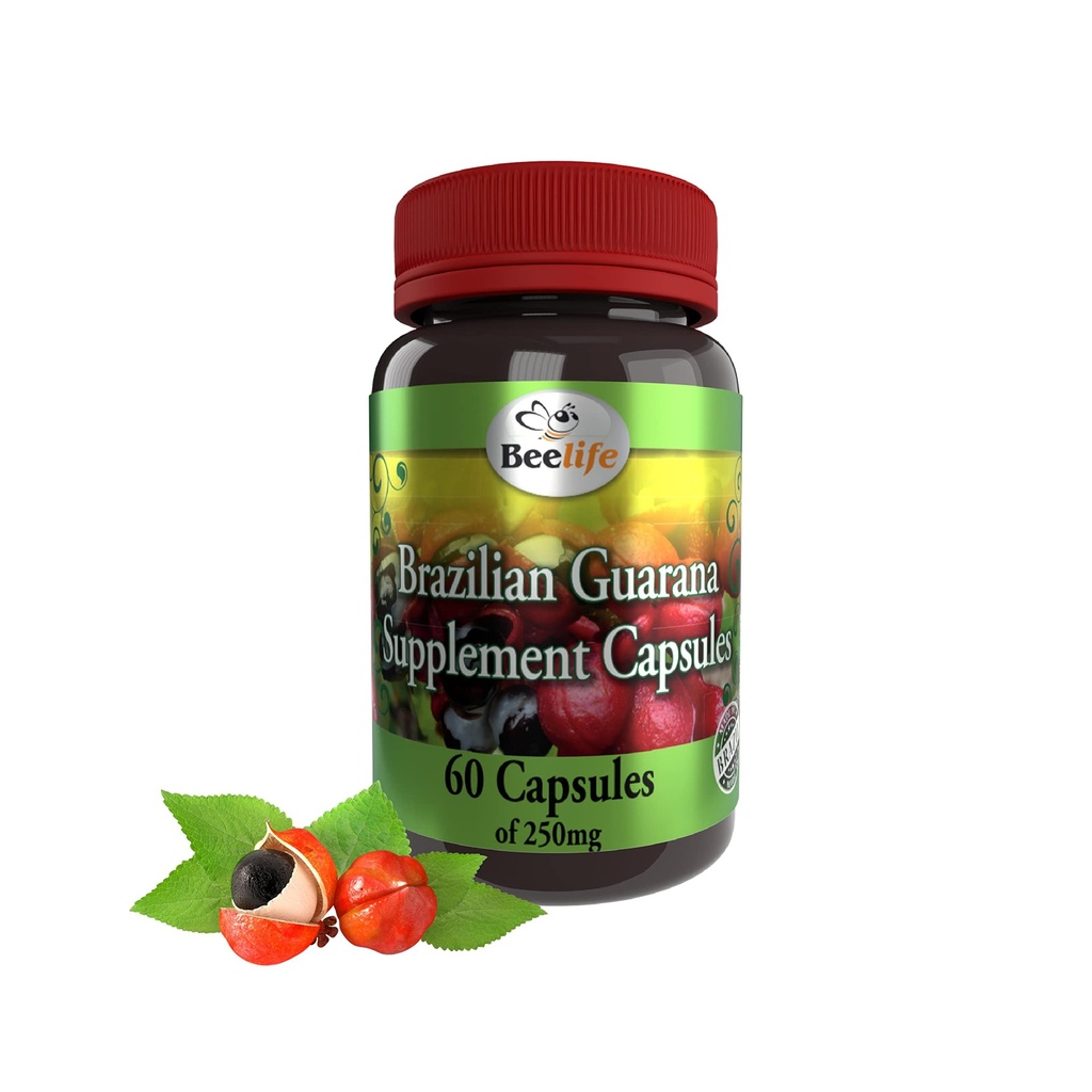 Beelife Cápsulas Guarana Brasileiras - Suplementos de Cafeína Natural do Brasil - Energia & Foco Mental, Apoio à Força Músculo - Glúten Zero, Sem Açúcar Pré-treino para Homens e Mulheres - 250mg 60 Caps
