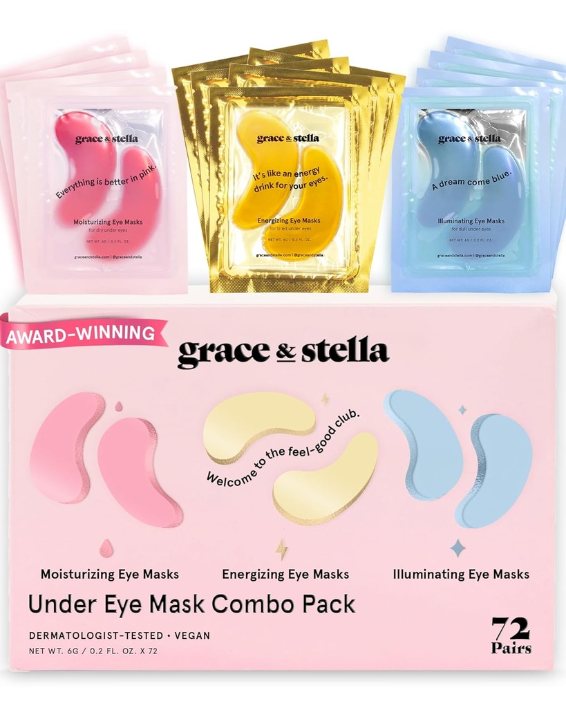 graça & stella sob máscara de olho - Reduzir círculos escuros, Puffy Olhos, Sacos Undereye, rugas - Gel sob remendos de olhos, Vegan Cruelty-free Self Care (72 pares, GoldPinkBlue)