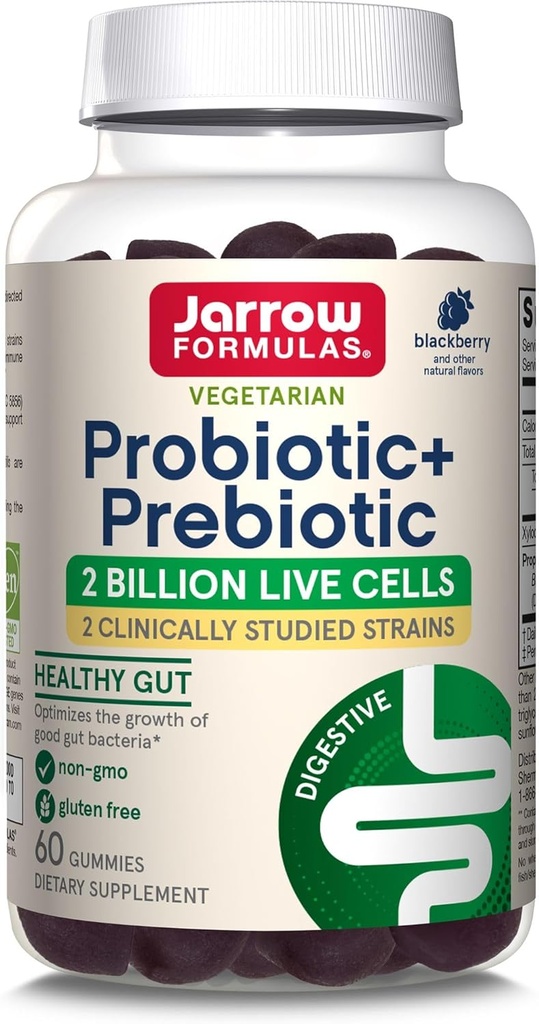 Fórmulas de Jarrow Probiótico+ Suplemento dietético prebiótico, Saúde Digestiva, Flora de Gut+Saúde Imune - 2 bilhões UFC - 2 estirpes clinicamente estudadas - 60 gomas - Blackberry Flavor