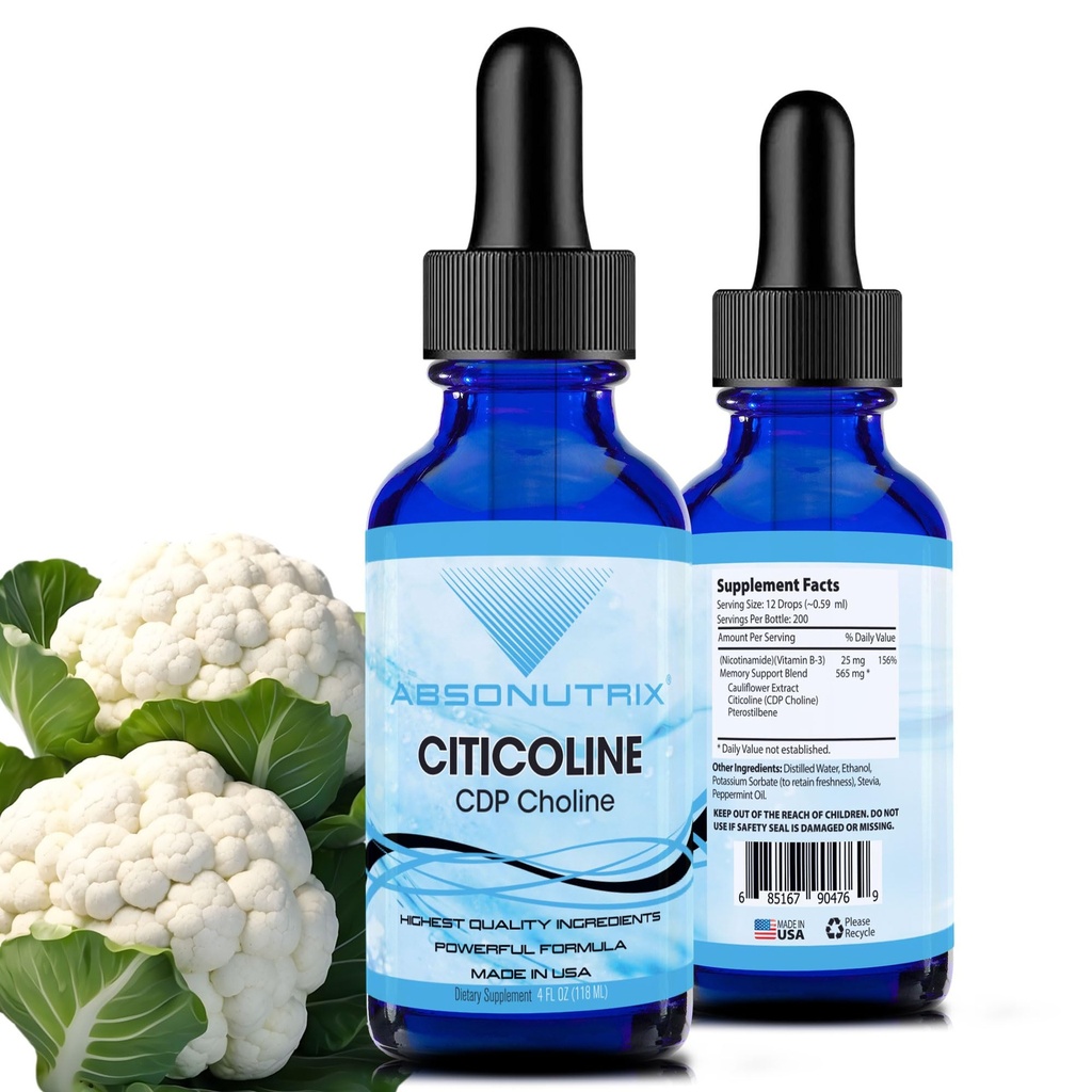 Absonutrix Citicoline 590 mg, 4 Oz Garrafa, 200 Servings, Made in USA, Quick Absortion, Quality Potent Ingredients, Non-GMO, GMP Certified, Cruelty-Free Products