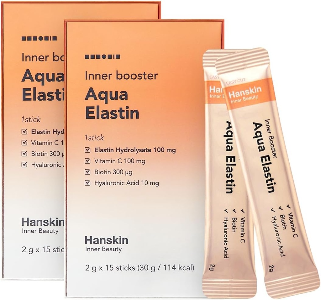 Hanskin Aqua Elastin Hyaluronic Acid Powder Packets para cabelo, pele, rugas e pregos ; Biotina, Vitamina C, Ácido Hialurônico ; Suplemento nutricional para pele saudável, 2g x 30 Varetas individuais