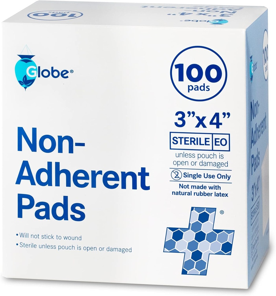 Globe Advanced Advanced Sterile Non-Aderent Pads; 100-Pack, 3” x 4”; Vestido de Feridas Não-Adesivas; Altamente Absorvente e Não-Aderente, Remoção Sem Dores; Individualmente Envolto para Proteção Extra (3 x 4)