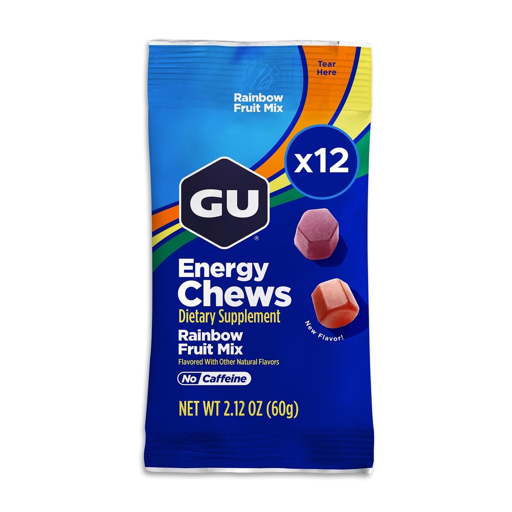 GU Energy Chews, Rainbow Mix Energy Gummies com Eletrólitos, Livre de Leite, Energia On-the-Go para Qualquer Exercício, 12 Sacos (24 Servings Total)
