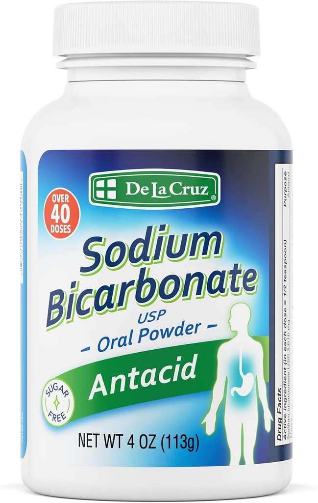 De La Cruz Puro Bicarbonato de Sódio - USP Grau Bicarbonato de Soda – 100% Puro Soda Baking – Alumínio pó antiácido livre para azia e indigestão - Embalado nos EUA, 4 OZ.