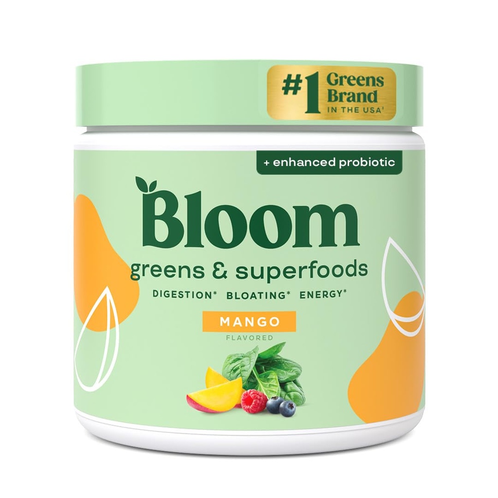 Bloom Nutrition Superfood Greens Powder, Enzimas Digestivas com Probióticos e Prebióticos, Gut Health, Bloating Alief for Women, Chlorela, Green Juice Mix with Beet Root Powder, 30 SVG, Mango