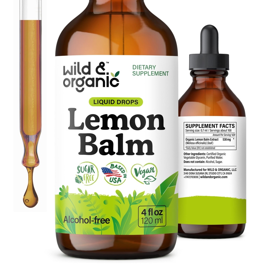 Selvagem e orgânico limão Balm Tintura - Suplemento de apoio ao humor - Melissa Lemon Balm Folha Extract Drops - Vegan, Açúcar & Alcohol-Free Calming Supplement - 4 fl oz